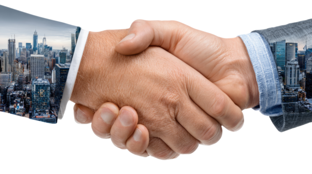 Handshake Harmony: Two individuals seal a business deal with a firm handshake, overlaid with a dynamic city skyline, symbolizing partnership, collaboration, and the forging of new opportunities.