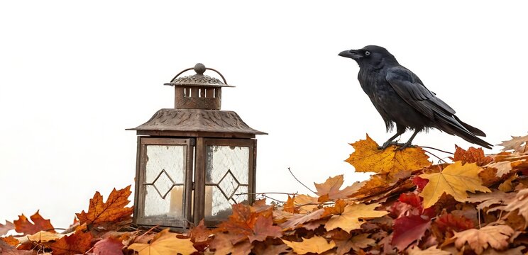 A lone black crow perches on a pile of vibrant autumn leaves next to a rustic lantern, isolated against a clean white background. - Powered by Adobe
