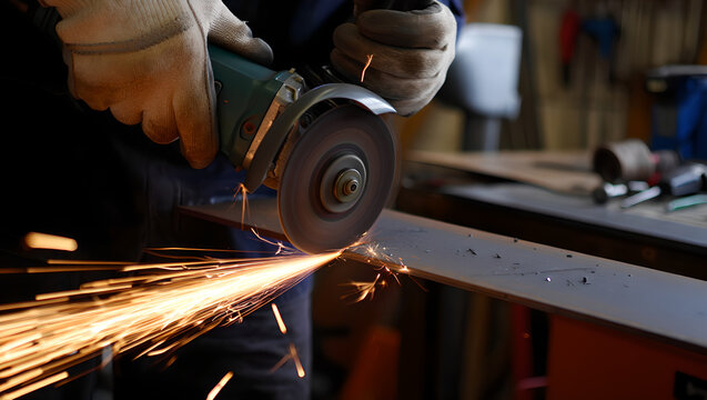 Craftsman's Hands: Using a Powerful Angle Grinder to Shape a Piece of Metal. - Powered by Adobe