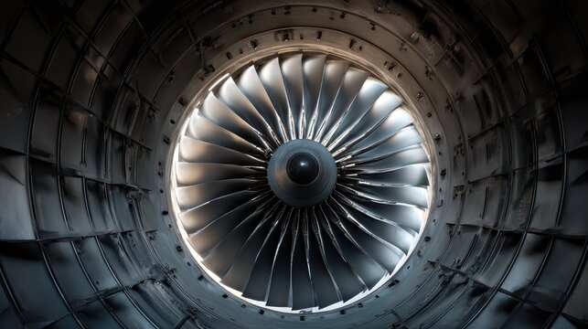 Close-up of a Jet Engine Fan Blade Assembly, intricate details of turbine engine.