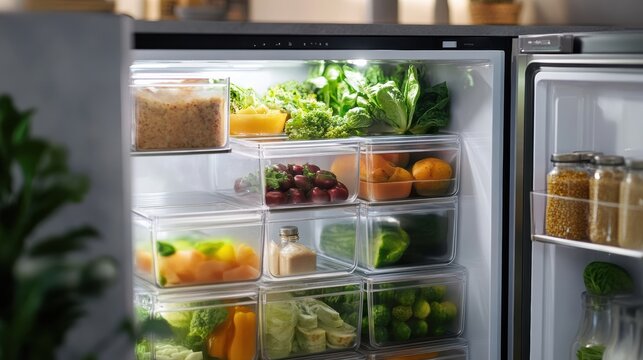 A well-organized refrigerator filled with fresh fruits, vegetables, and healthy meals in transparent containers, showcasing an efficient use of space.