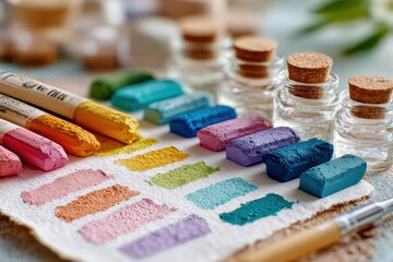 Vibrant Pastel Colors and Art Supplies on a Work Surface Featuring Chalks, Water Jars, and Color Swatches Ideal for Drawing, Painting, and Crafts