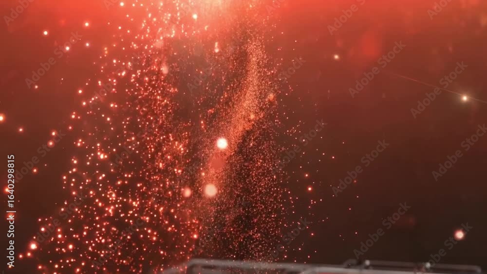 Poster explosive energy and light: a vibrant display of particles in radiant red bursts forth, creating a d