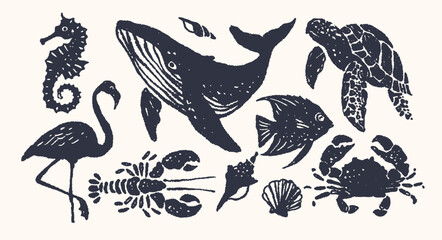 Hand Drawn Tropical Fish Silhouette Retro Underwater Deep Ocean Animal, Blue Whale, Lobster, Sea Turtle, Lobster, Stingray, Sea Shall, Crab Starfish, Summer in Vector Illustration  