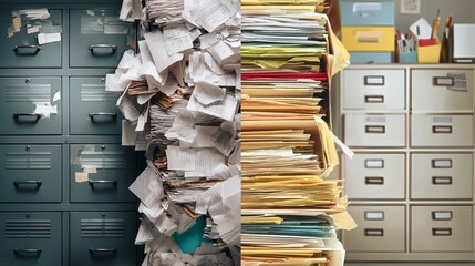 Cluttered office showcasing disorganized papers and neatly arranged files, contrasting chaos.