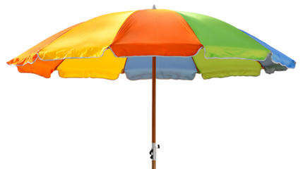 Colorful beach umbrella with multiple panels on transparent background.