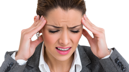 Stress and Strain: A close-up captures a businesswoman with a pained expression, hands pressed against her temples in a visual representation of stress, strain, and the pressures of modern work.