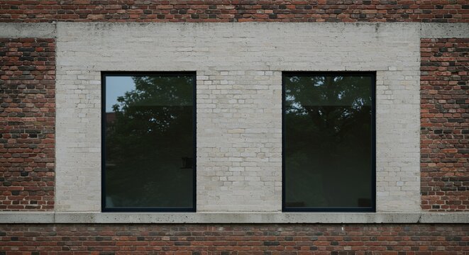 Two dark rectangular windows reflect green trees in an old brick building's facade.