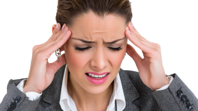 Stress and Strain: A close-up captures a businesswoman with a pained expression, hands pressed against her temples in a visual representation of stress, strain, and the pressures of modern work.