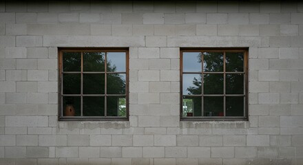 Two windows reflect trees on a concrete block wall, creating geometric patterns and symmetry.