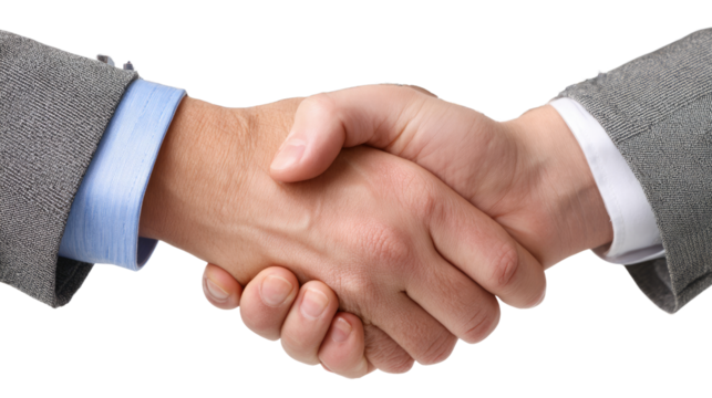 Business Handshake: A close-up shot of a professional handshake between two individuals, symbolizing agreement, partnership, and collaboration in a business setting. 