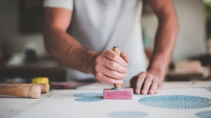 Close-up of a person using a stamp to create a design on paper.