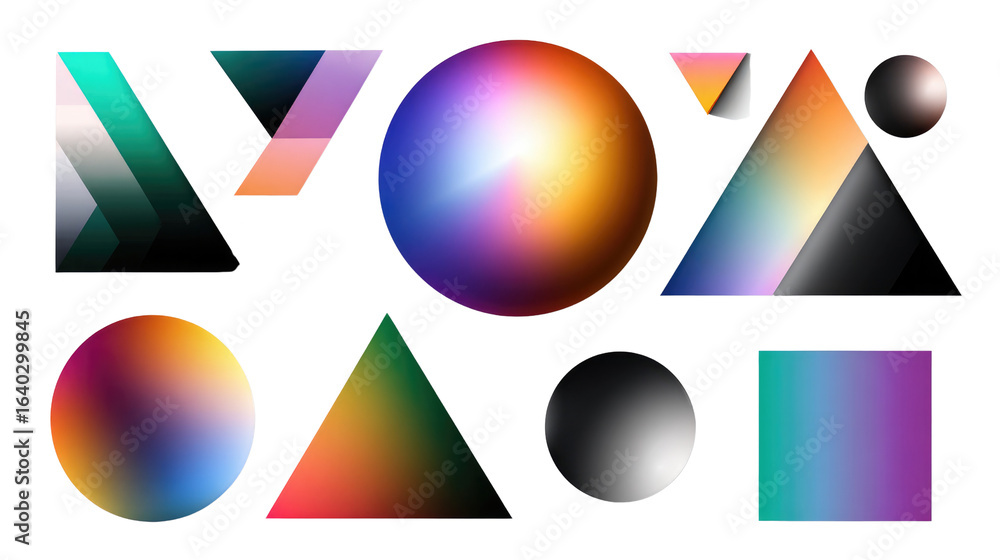 Poster vibrant geometric symphony: a harmonious arrangement of geometric shapes, each a canvas of gradients