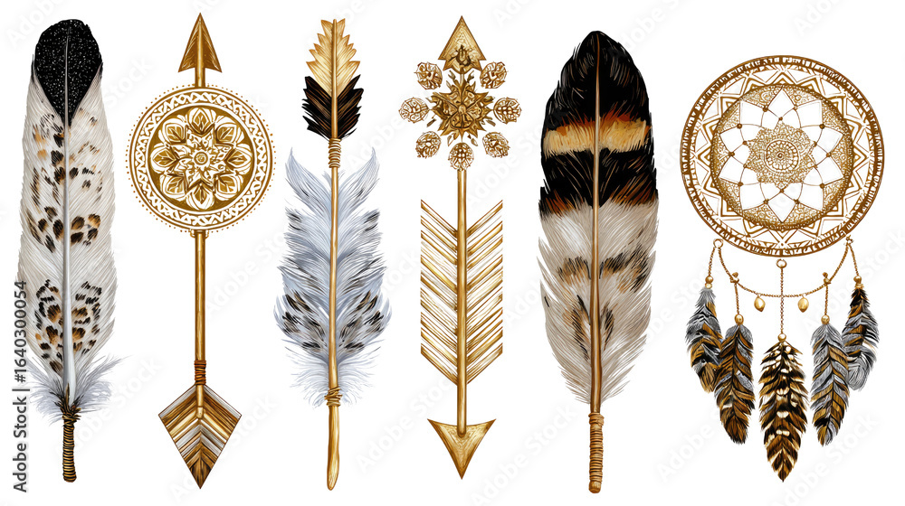 Poster bohemian feather collection: a meticulously detailed assembly of bohemian-inspired feathers and arro