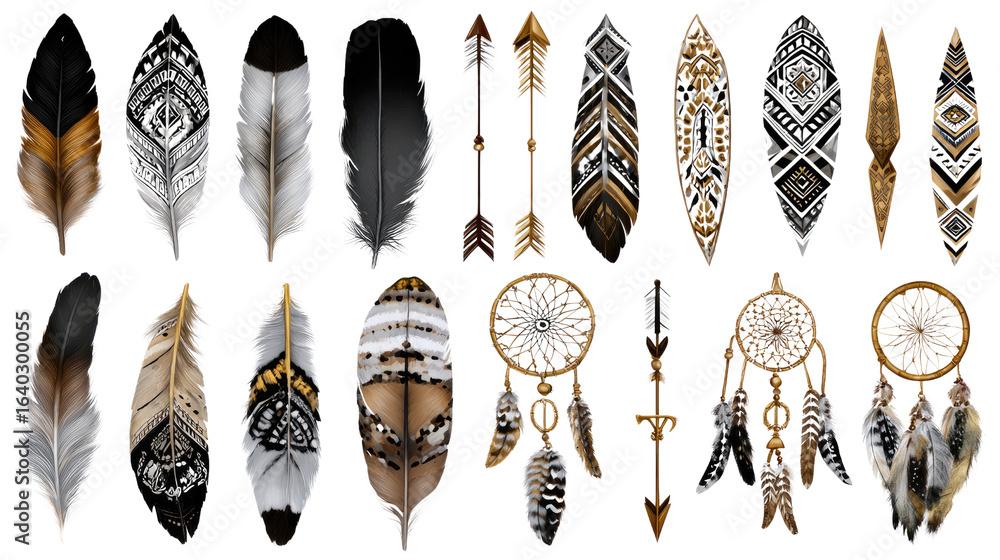 Poster boho feather: a collection of ornately adorned feathers in various designs and colors, creating a vi