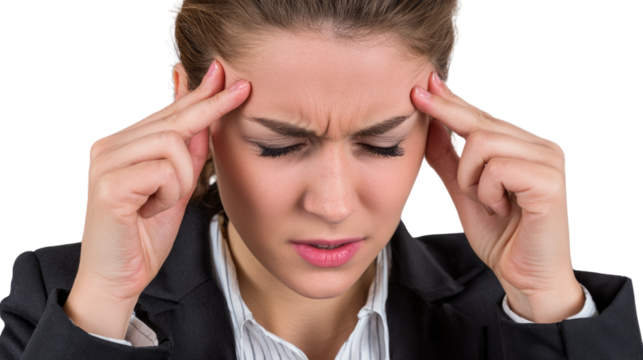 Businesswoman Under Pressure: A focused businesswoman, her face etched with the strain of stress, pinches her temples, encapsulating the silent struggle against mental and physical tension.