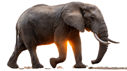 Majestic Elephant on the Move: An awe-inspiring elephant, a symbol of wisdom, strength, and grace, strides purposefully with tusks. Photorealistic representation.