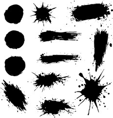 Set of Black Ink Splatters, Brush Strokes, and Circles Isolated on White Background