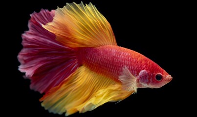Fototapeta premium A realistic betta fish, with vibrant, highly saturated colors, including bright red and lemon yellow. The tail should be striking and vibrant, with a strong color gradient, making it stand out in the 