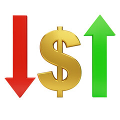 Obraz premium Golden dollar sign between down and up arrows isolated on transparent background