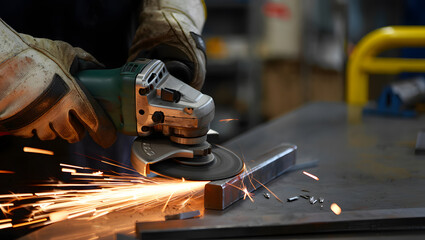 Industrial Work: A Close-up of an Angle Grinder Cutting a Metal Profile in a Workshop.