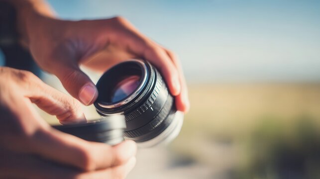 Hands holding a vintage camera lens.