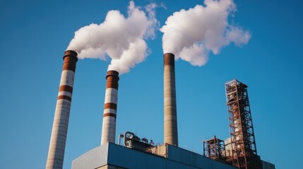 Obraz premium Industrial Smoke Stacks Against Blue Sky