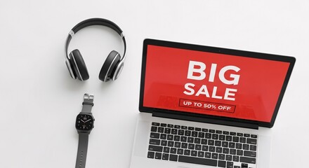 Overhead view of laptop displaying big sale ad with headphones and smartwatch on a white surface