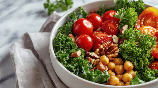 A healthy balanced nutrition bowl filled with fresh colorful vegetables and nuts, promoting clean eating habits.