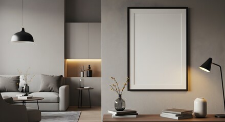 Modern Living Room Interior with Blank Frame Mockup, Cozy Home Decor