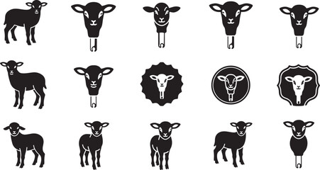 Various sheep and lamb icons and silhouettes isolated on a white background

