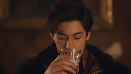 Celebratory toast by young man elegant setting drink scene intimate atmosphere close-up shot emotion of joy