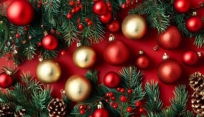 Fototapeta premium Christmas ornaments and pine cones festive table arrangement decorative content holiday spirit overhead view celebration concept