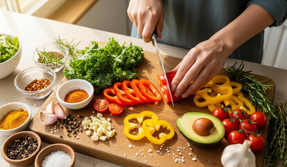 A pair of hands is slicing a red bell pepper on a wooden cutting board, surrounded by an array of fresh, colorful vegetables and spices.