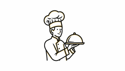 Minimalist line art of a professional chef holding a covered serving dish, representing culinary excellence and gourmet restaurant service.