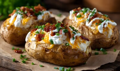 Close-up of loaded baked potatoes stuffed with creamy chicken, crispy bacon, melted cheddar cheese, drizzled with sour cream, garnished with chopped green onions and parsley, rustic background