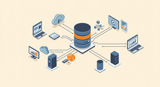 Isometric illustration of a central database server connected to a network of devices for data management and cloud computing.