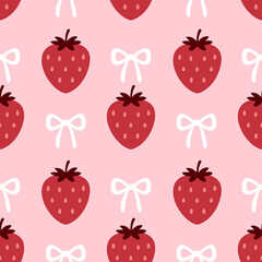 Cute strawberry pattern with white bowsseamless design for cheerful branding, romantic textiles, packaging and backgrounds.