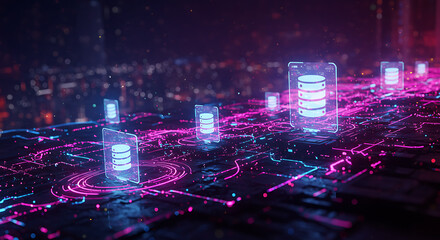 Isometric concept of a centralized data hub. A server connects to a network of digital devices representing cloud computing and technology.