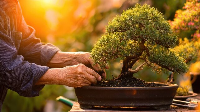 Elderly hands carefully tending a bonsai tree.