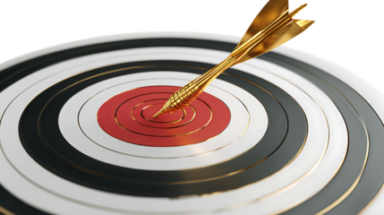 Golden Arrow Hitting Bullseye Target Center on transparent background.
