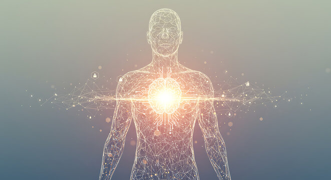A futuristic digital representation of the human body with a glowing energy source at its core, symbolizing soul and life force.