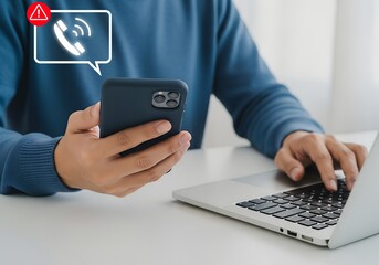 Urgent call alert on smartphone during online work; avoid distractions and stay connected, be productive