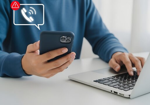Urgent call alert on smartphone during online work; avoid distractions and stay connected, be productive
