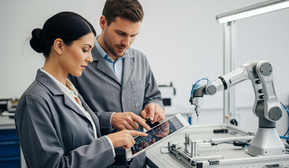 Two young engineers, a man and a woman, are working together in a modern lab, using a digital tablet to control a robotic arm. They are focused and collaborating on a high-tech project.