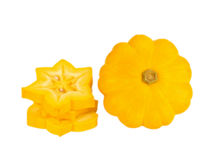 Bright yellow star fruit slices stacked next to a vibrant pattypan squash, showcasing fresh produce diversity.
