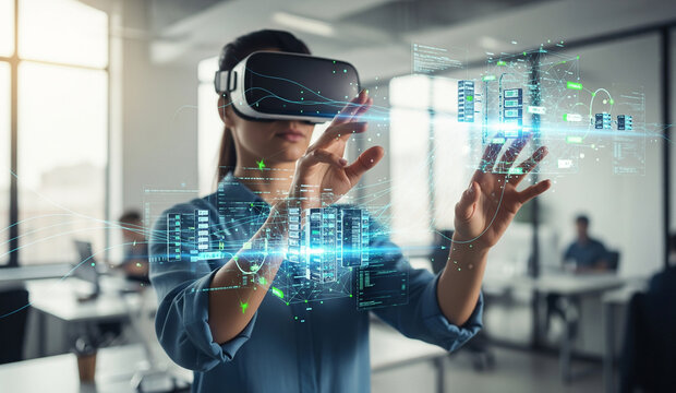 A young woman wears a virtual reality headset, interacting with a futuristic, holographic interface in a modern office. She's immersed in a high-tech, digital world, representing innovation and future