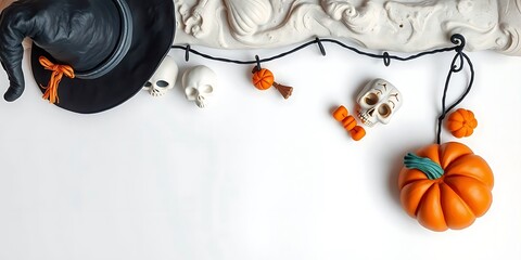 A flat lay of Halloween decorations on a white surface, including a black witch's hat, a string of skull and candy corn ornaments, and a large orange pumpkin. The items are arranged in the top right 