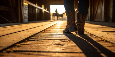 Fototapeta premium Sunlit barn path leads to tranquil riders at dusk under golden skies