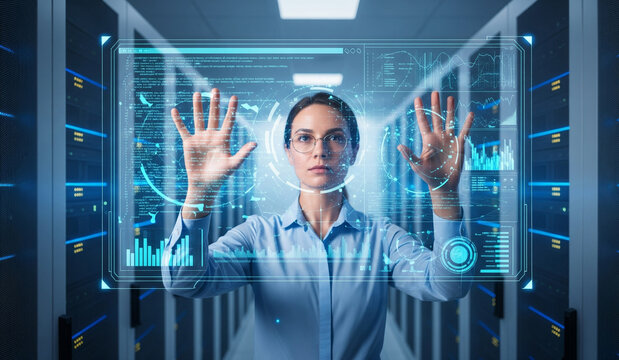 A focused female IT specialist interacts with a large, transparent holographic screen displaying data and code in a server room. She's managing a complex system with advanced technology, representing 